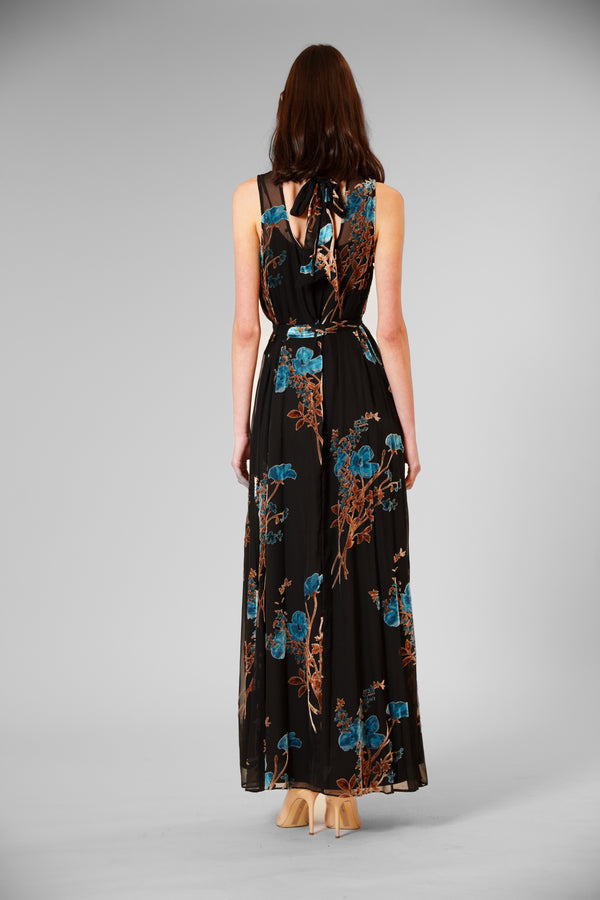 Julia Jordan TIE NECK VELVET PRINT/ OVERLAY DRESS BLACK MULTI