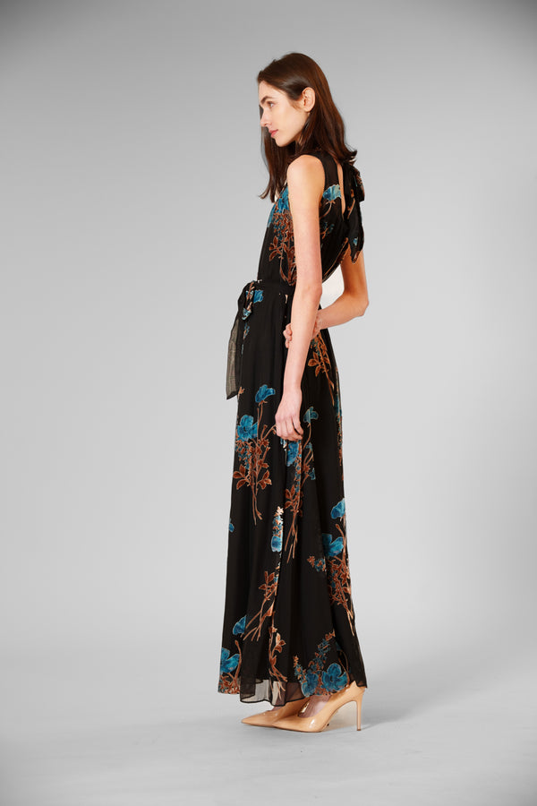 Julia Jordan TIE NECK VELVET PRINT/ OVERLAY DRESS BLACK MULTI