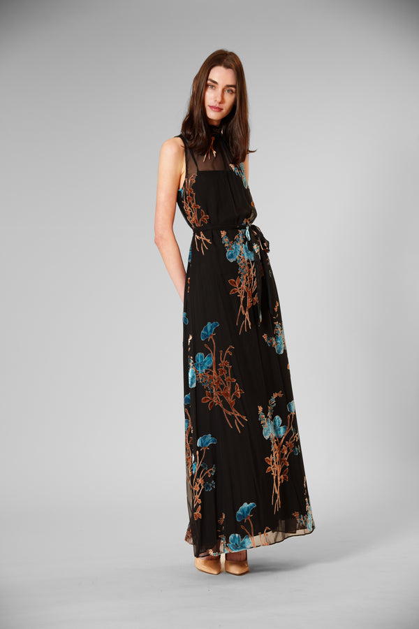 Julia Jordan TIE NECK VELVET PRINT/ OVERLAY DRESS BLACK MULTI