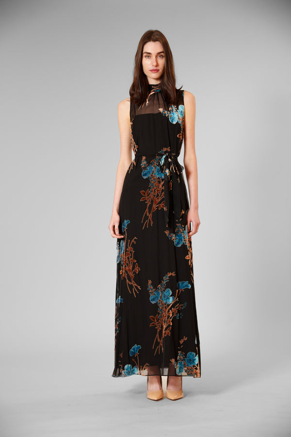 julia jordan TIE NECK VELVET PRINT/ OVERLAY DRESS BLACK MULTI
