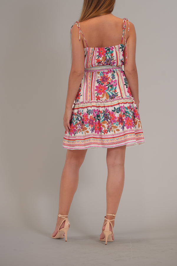 Julia Jordan TIE SHOULDER PRINTED EYELET TIERED MINI DRESS WHITE/MULTI