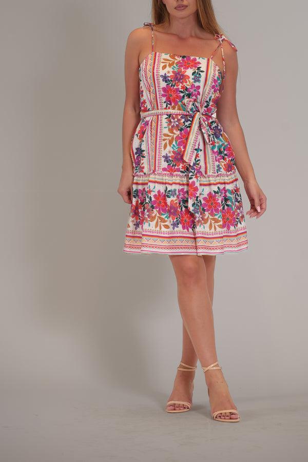 julia jordan TIE SHOULDER PRINTED EYELET TIERED MINI DRESS WHITE/MULTI