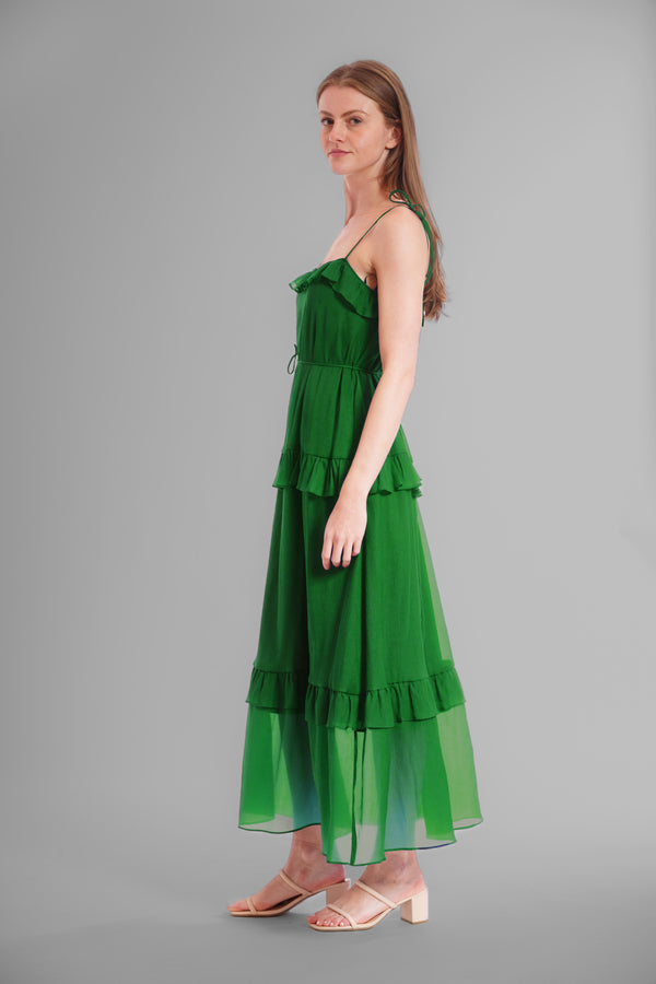 Julia Jordan TIE SHOULDER SLEEVLES RUFFLE MAXI DRESS GREEN