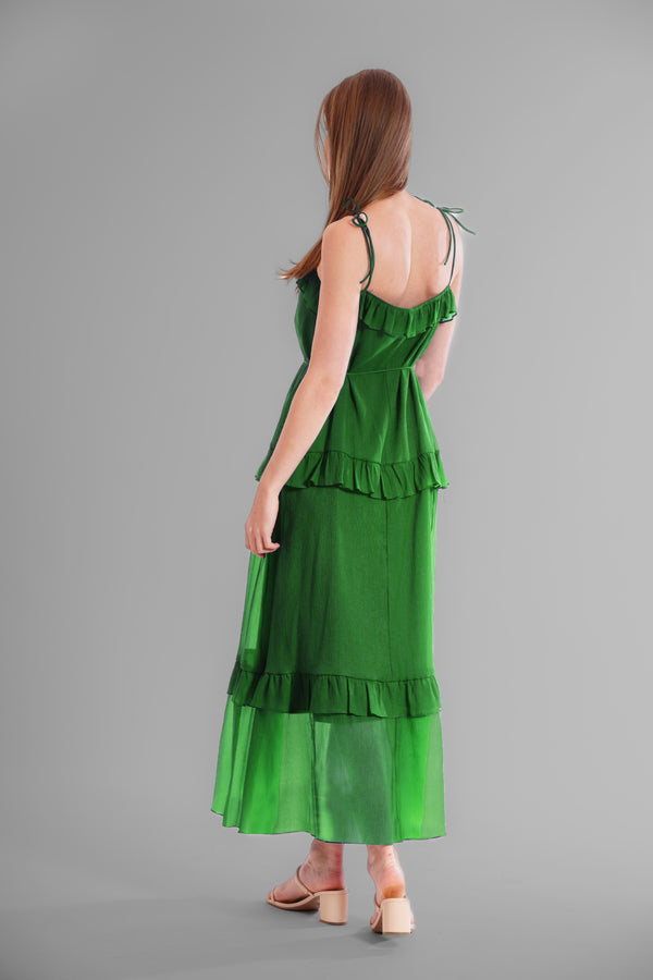 Julia Jordan TIE SHOULDER SLEEVLES RUFFLE MAXI DRESS GREEN