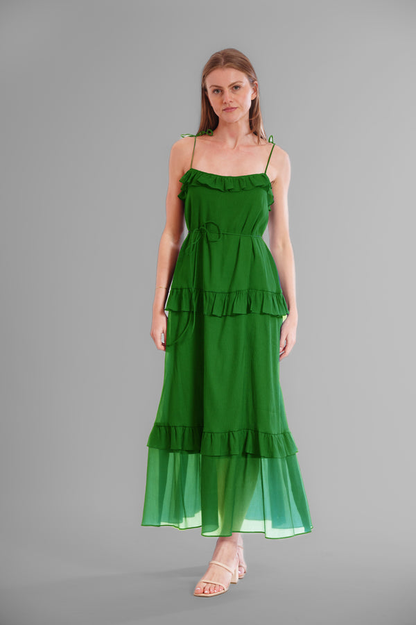 julia jordan TIE SHOULDER SLEEVLES RUFFLE MAXI DRESS GREEN