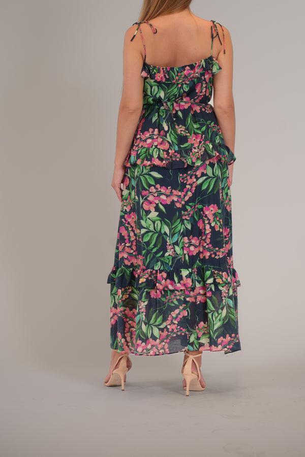 Julia Jordan TIE SHOULDER SLEEVLESS PRNTED RUFFLE MAXI DRE NAVY MULTI