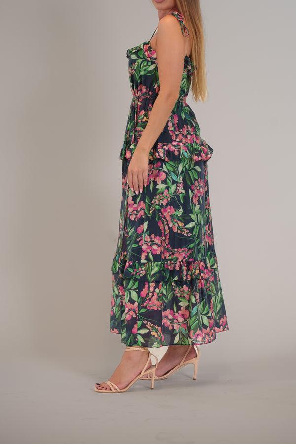 Julia Jordan TIE SHOULDER SLEEVLESS PRNTED RUFFLE MAXI DRE NAVY MULTI