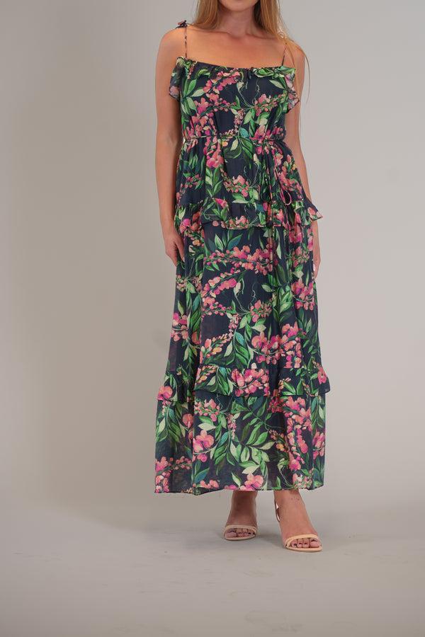 Julia Jordan TIE SHOULDER SLEEVLESS PRNTED RUFFLE MAXI DRE NAVY MULTI