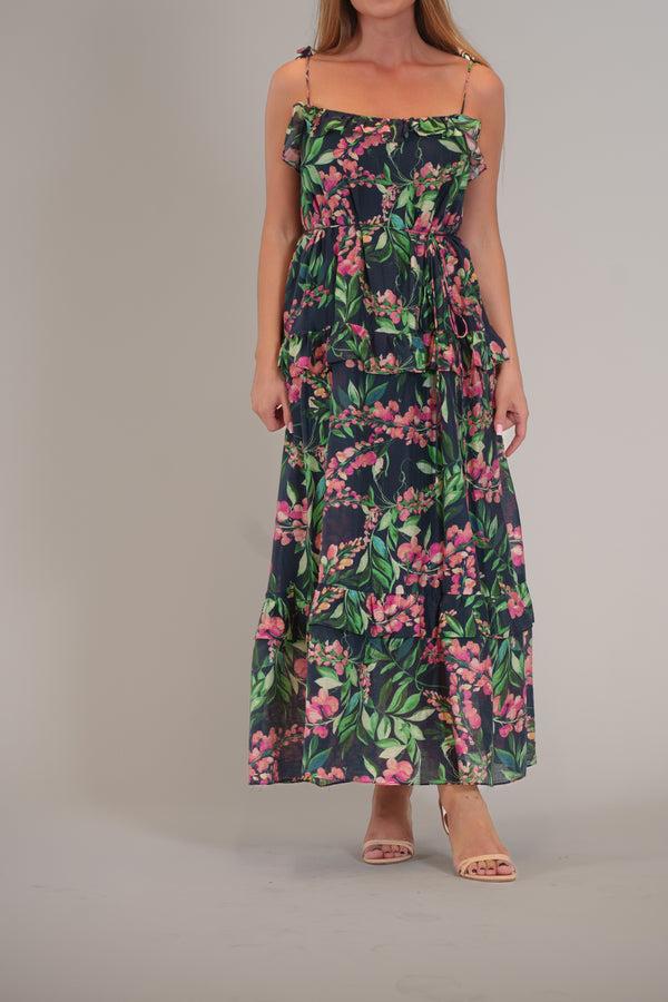 julia jordan TIE SHOULDER SLEEVLESS PRNTED RUFFLE MAXI DRE NAVY MULTI