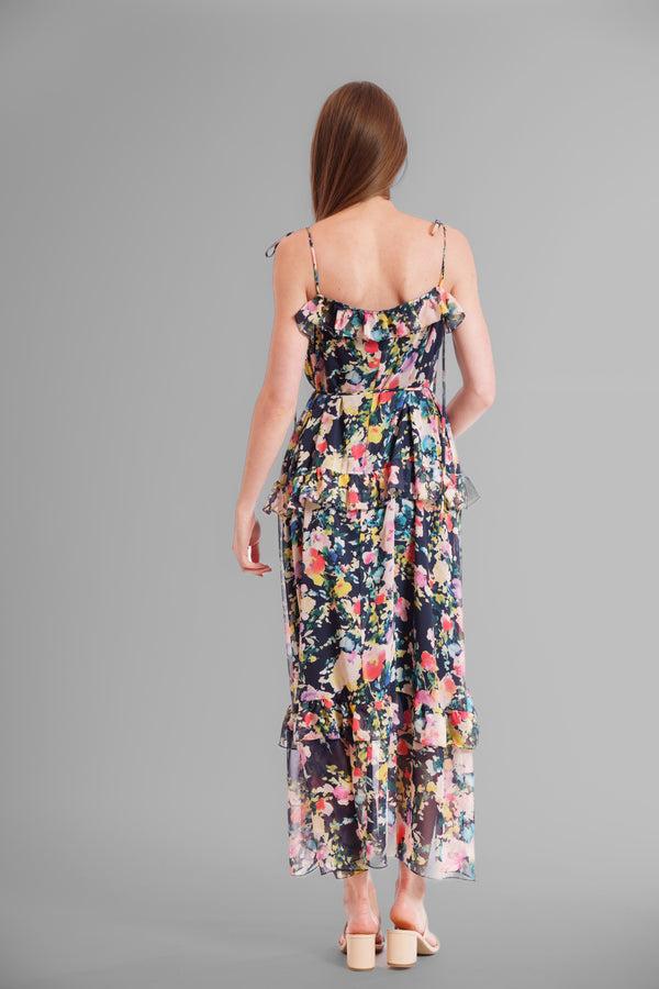 Julia Jordan TIE SHOULDER SLEEVLESS RUFFLE MAXI DRESS NAVY MULTI