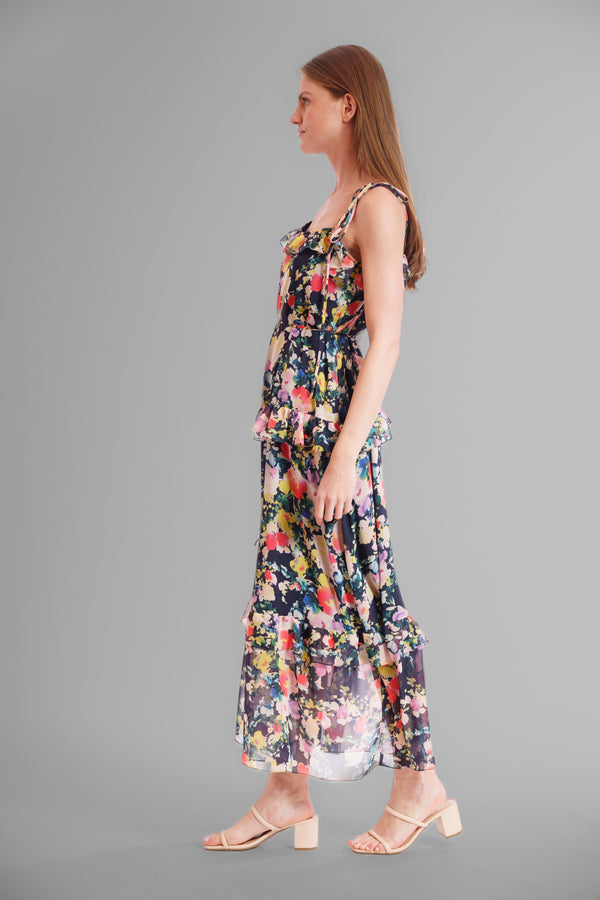 Julia Jordan TIE SHOULDER SLEEVLESS RUFFLE MAXI DRESS NAVY MULTI