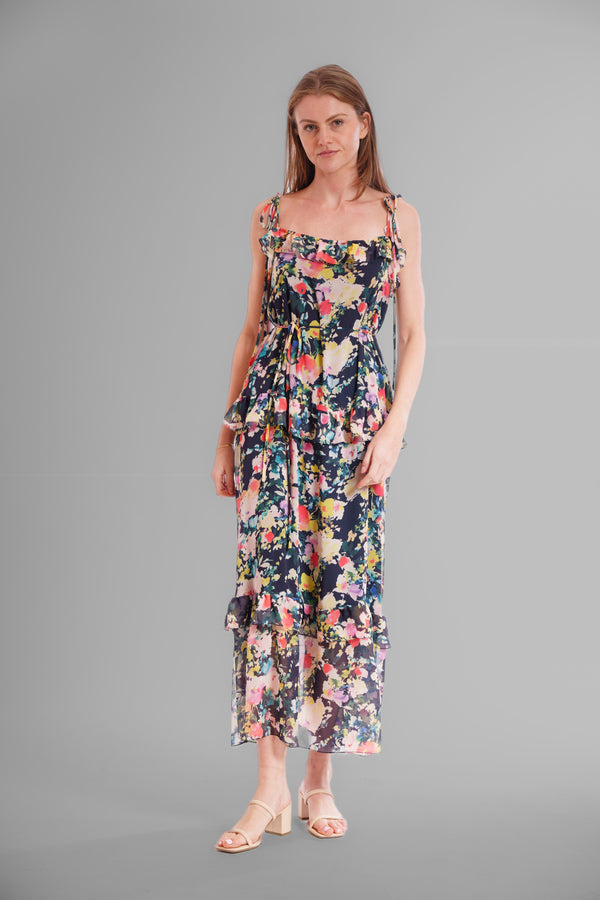 Julia Jordan TIE SHOULDER SLEEVLESS RUFFLE MAXI DRESS NAVY MULTI