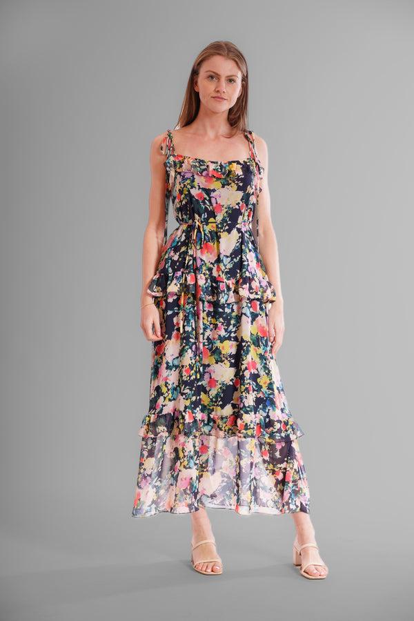 julia jordan TIE SHOULDER SLEEVLESS RUFFLE MAXI DRESS NAVY MULTI