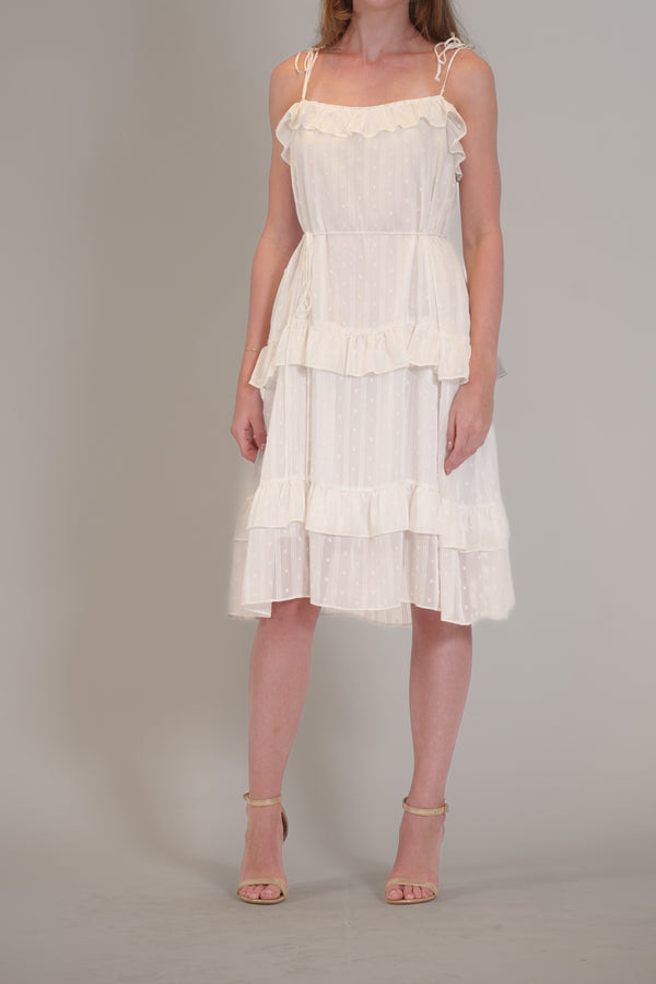 julia jordan TIE SHOULDER SLEEVLESS RUFFLE MIDI DRESS IVORY