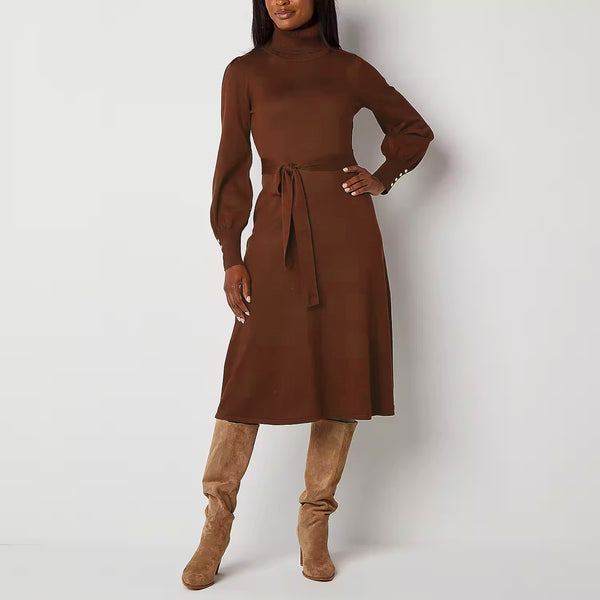 julia jordan Turtle Neck Fit & Flare Sweater Dress BROWN