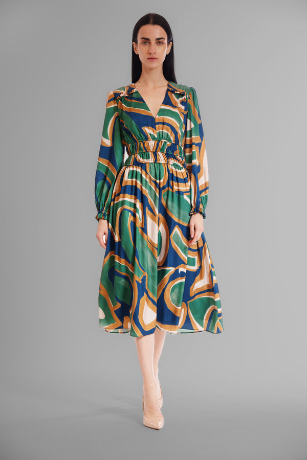 Julia Jordan V-NECK LONG SLV ELASTIC WAIST MIDI DRESS GREEN MULTI