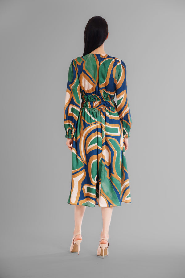 Julia Jordan V-NECK LONG SLV ELASTIC WAIST MIDI DRESS GREEN MULTI