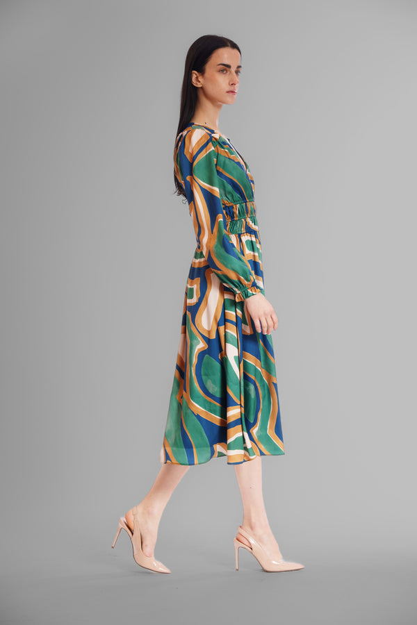 Julia Jordan V-NECK LONG SLV ELASTIC WAIST MIDI DRESS GREEN MULTI