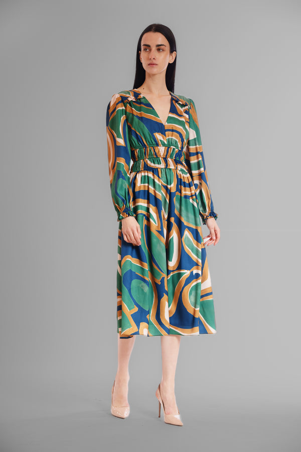 julia jordan V-NECK LONG SLV ELASTIC WAIST MIDI DRESS GREEN MULTI