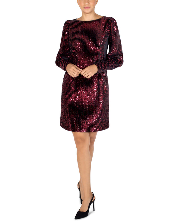 julia jordan Velvet and Sequin Long Sleeve Sheath Black Red