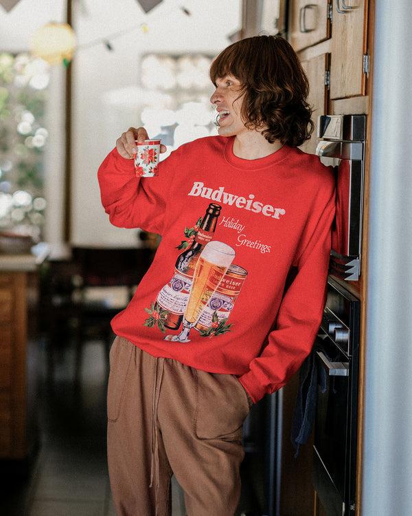 Junk Food Clothing Budweiser Holiday Greetings Flea Market Fleece Red