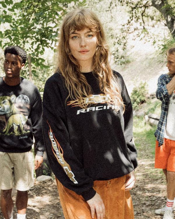 Junk Food Clothing Chevy Racing Flames Flea Market Crew Fleece Black