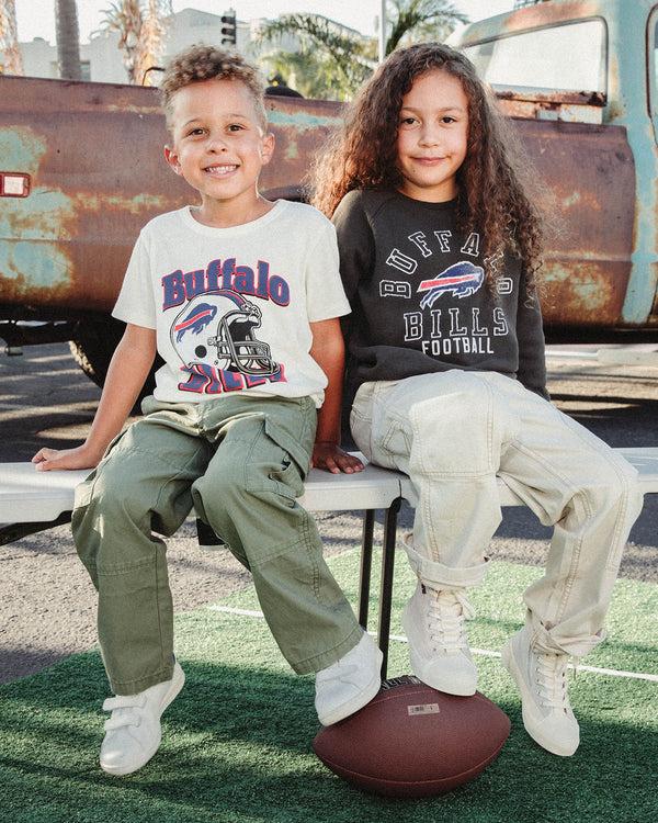 Junk Food Clothing Kids Buffalo Bills Flocked Raglan Crew Fleece Vintage Black