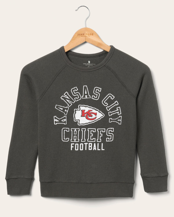 junk food clothing Kids Kansas City Chiefs Flocked Raglan Crew Fleece Vintage Black