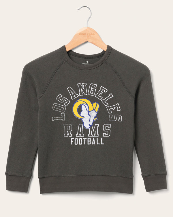 junk food clothing Kids Los Angeles Rams Flocked Raglan Crew Fleece Vintage Black