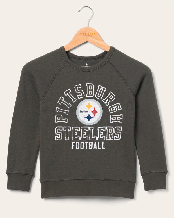 junk food clothing Kids Pittsburgh Steelers Flocked Raglan Crew Fleece Vintage Black