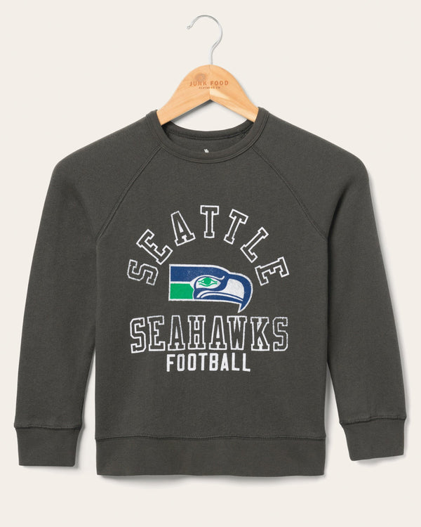 junk food clothing Kids Seattle Seahawks Flocked Raglan Crew Fleece Vintage Black