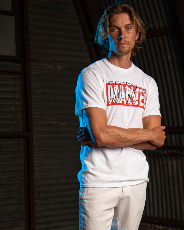 junk food clothing MENS MARVEL DRAWN LOGO TEE VINTAGE WHITE