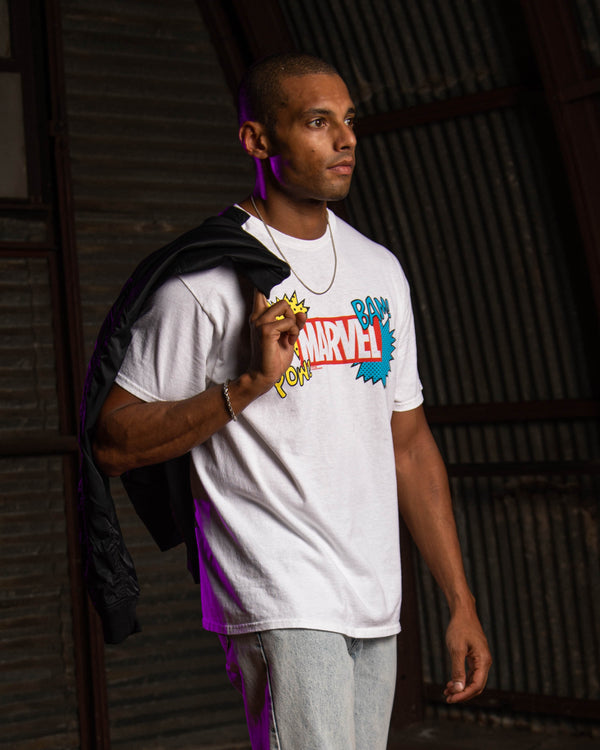 Junk Food Clothing MENS MARVEL POP ART LOGO TEE VINTAGE WHITE