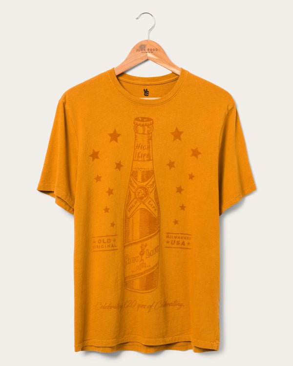 junk food clothing Miller High Life 120th Anniversary Bottle Vintage Tee Saffron