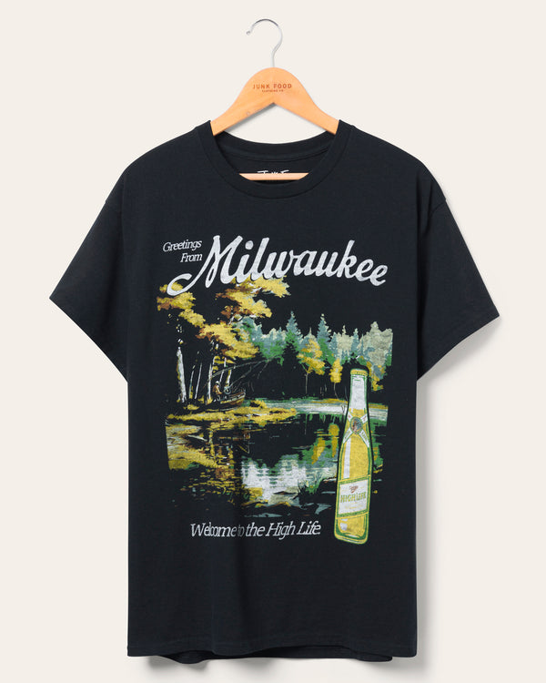 junk food clothing Miller High Life Greetings From Milwaukee Flea Market Tee Black