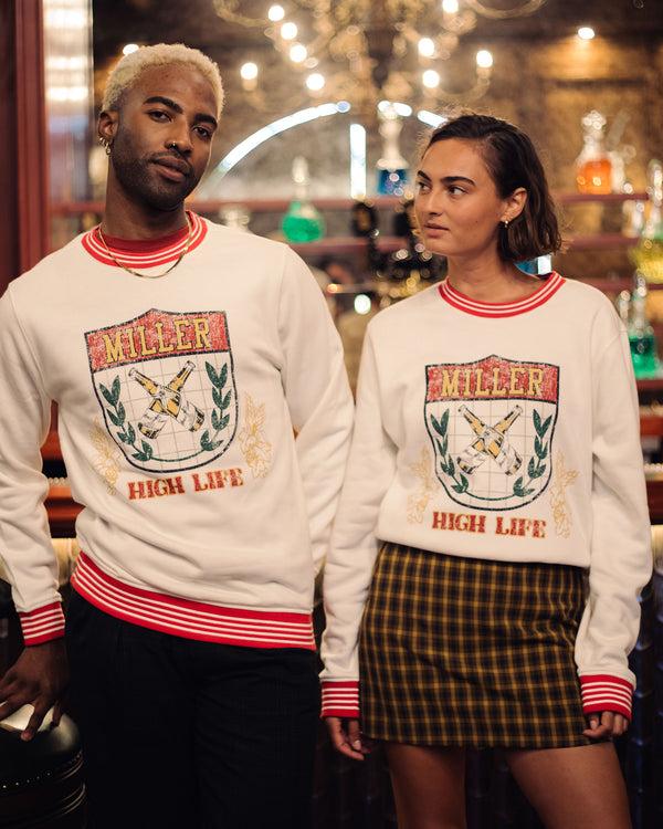 Junk Food Clothing Miller High Life Sportsman's Club Crest Striped Fleece Vintage White