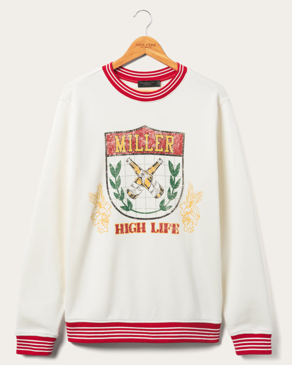 junk food clothing Miller High Life Sportsman's Club Crest Striped Fleece Vintage White