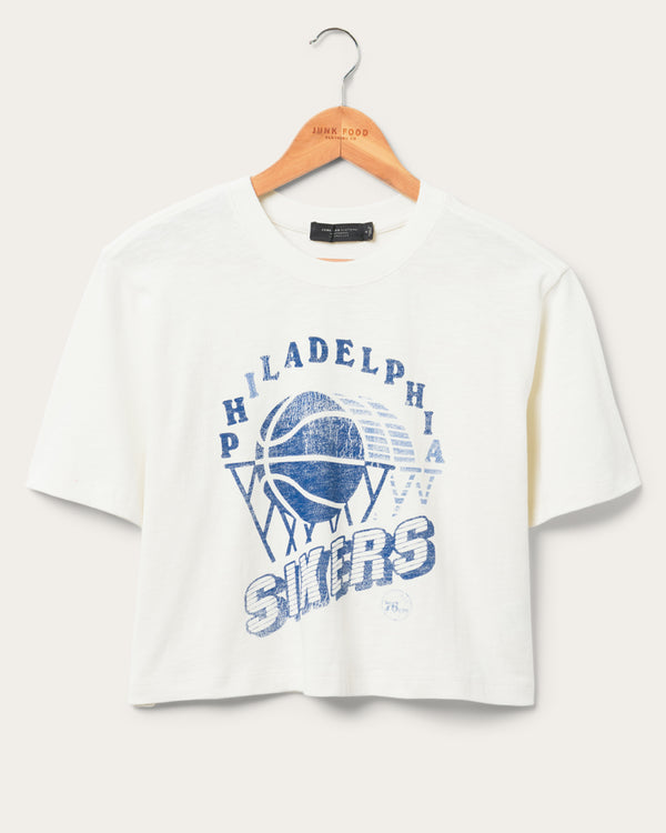 junk food clothing Women's 76ers Short Sleeve Mock Neck Crop Tee White