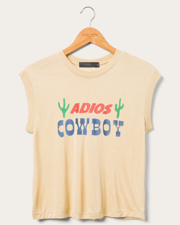 junk food clothing Women's Adios Cowboy Vintage Tissue Tank Camel