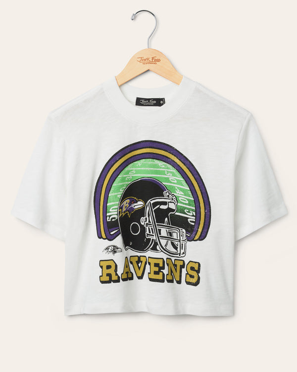 junk food clothing Women's Baltimore Ravens Game Time Mock Neck Crop Tee Vintage White