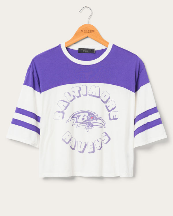 junk food clothing Women's Baltimore Ravens Hail Mary Tee Sugar/Purple