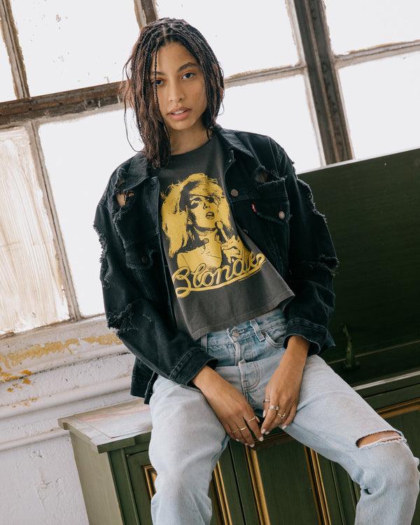 Junk Food Clothing Women's Blondie Gold Cropped Muscle Tank Vintage Black