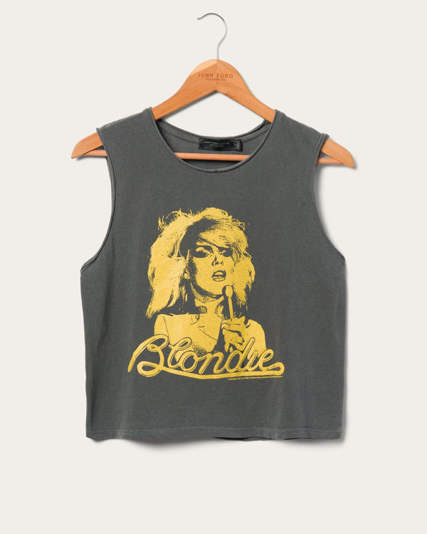 junk food clothing Women's Blondie Gold Cropped Muscle Tank Vintage Black