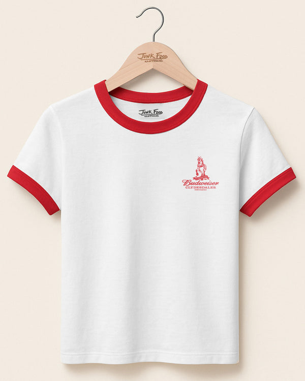 junk food clothing Women's Budweiser Clydesdales Ringer Baby Tee Red/White