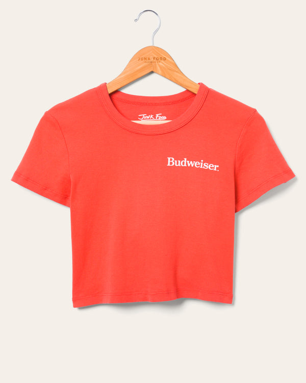 junk food clothing Women's Budweiser Label Baby Tee Red