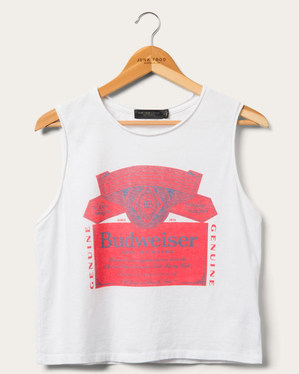 junk food clothing Women's Budweiser Label Cropped Muscle Tank Vintage White