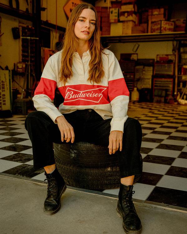 Junk Food Clothing Women's Budweiser Rugby Shirt White/Red