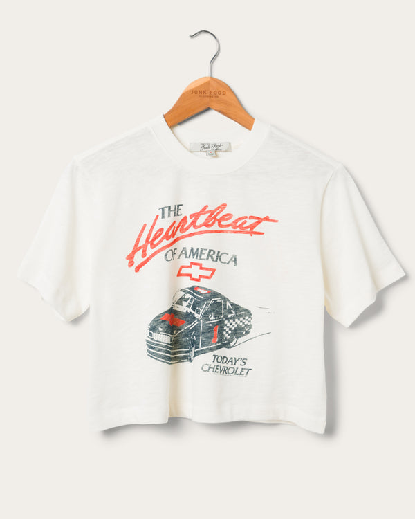 junk food clothing Women's Chevy Hearbeat of America Mock Neck Crop Vintage White