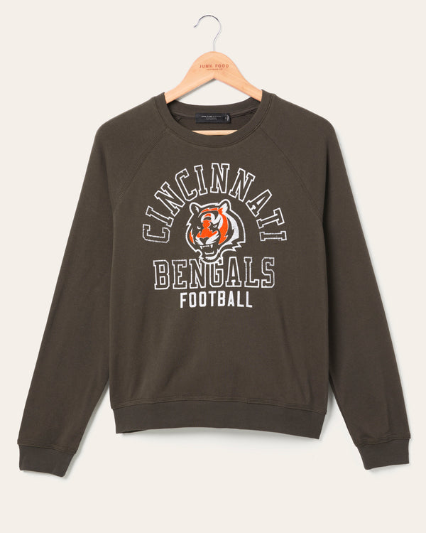 junk food clothing Women's Cincinnati Bengals Flocked Raglan Crew Fleece Vintage Black