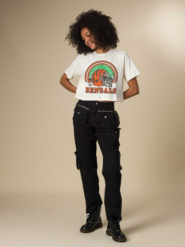 Junk Food Clothing Women's Cincinnati Bengals Game Time Mock Neck Crop Tee Vintage White